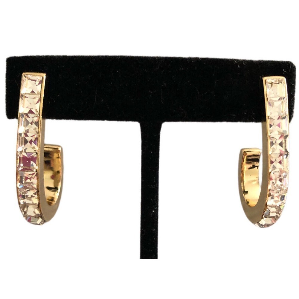 Huggie Hoop Earrings Clear Princess Cut Crystals Gold tone Pierced Ear